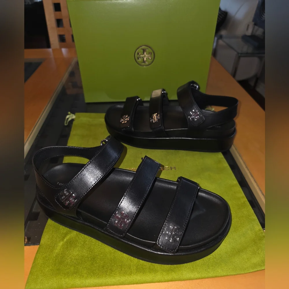 NWT Tory Burch Kira Triple Strap Black And Silver Sandals SOLD OUT EVERYWHERE - Picture 7 of 11